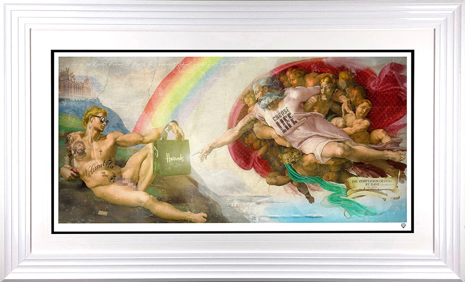 Limited edition signed giclee print Temptation Of God by JJ Adams framed in white
