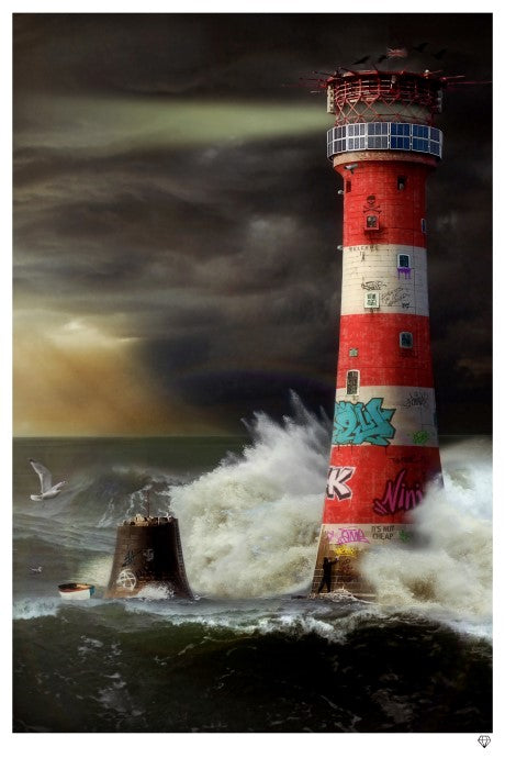 Eddystone Lighthouse by JJ Adams with crashing waves and stormy sky, limited edition giclee print on paper, hand signed and framed