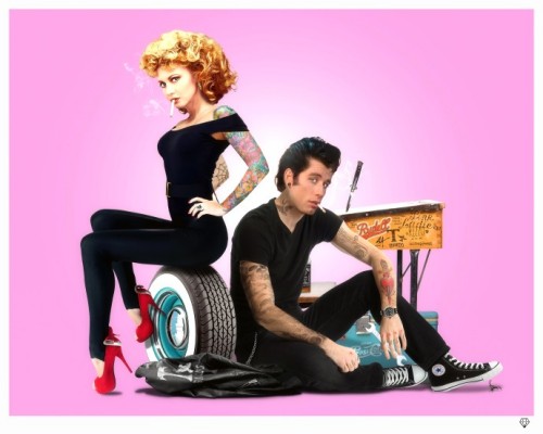 Limited edition JJ Adams print Summer Lovin Pink featuring Grease-inspired characters on pink background