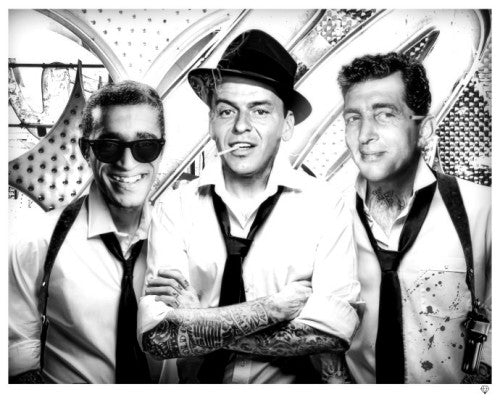 The Rat Pack limited edition print by JJ Adams featuring Dean Martin, Sammy Davis Jr, and Frank Sinatra in black and white vintage style
