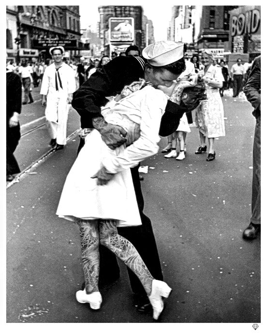 VE Day Kiss limited edition print by JJ Adams showing sailor passionately kissing nurse in black and white street scene