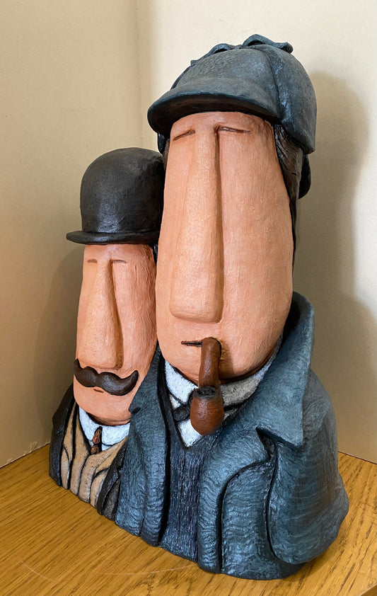 Jenny Mackenzie Sherlock Holmes And Dr. Watson Bighead Sculpture. Available from The Acorn Gallery in Pocklington. Order online or call us on 01759 307652.