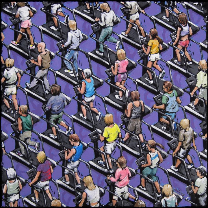Limited edition giclee print titled Exercising At The Gym by James Milroy, showing people on treadmills in a gym.