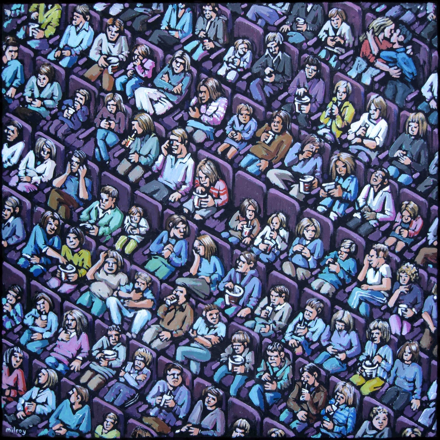 Limited edition giclee print by James Milroy depicting a crowded movie theater audience, hand signed by the artist.