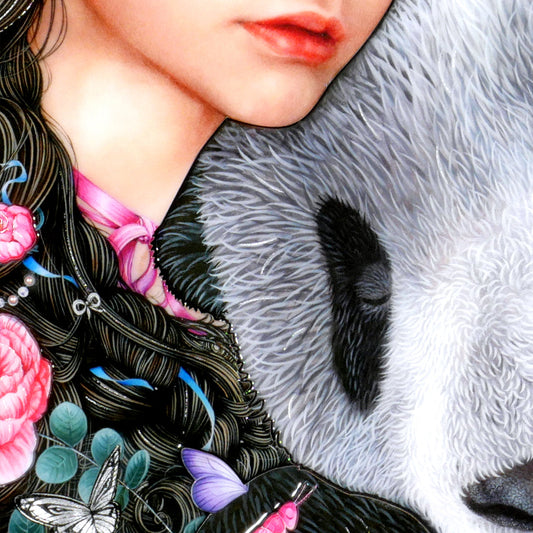 Keeper Of Dreams mixed media print by Kerry Darlington featuring detailed close-up of a girl and panda face with floral and butterfly elements.