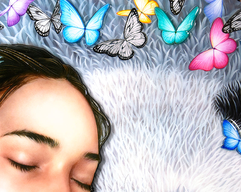 Keeper Of Dreams by Kerry Darlington limited edition mixed media print with butterflies and a sleeping woman