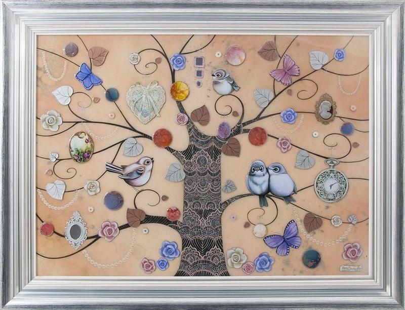 Lace Tree mixed media print by Kerry Darlington featuring birds, butterflies, and decorative elements in a silver frame