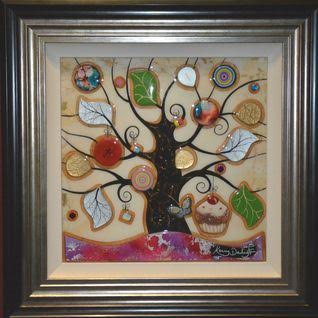 Tree of Harmony cupcake mixed media artwork by Kerry Darlington in ornate frame