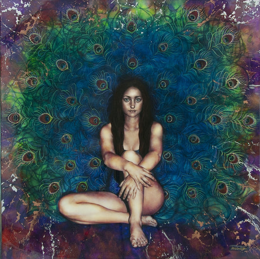 Unique limited edition mixed media print "Bird of Hera" by Kerry Darlington featuring a woman with a peacock feather backdrop, hand signed.