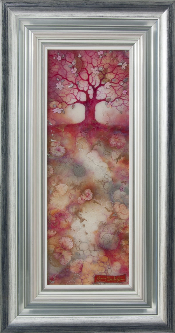 Cherry Blossom mixed media artwork by Kerry Darlington in silver frame