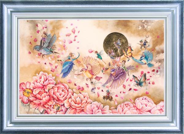 Flying Home mixed media art by Kerry Darlington featuring birds, fairies, and pink flowers in a silver frame