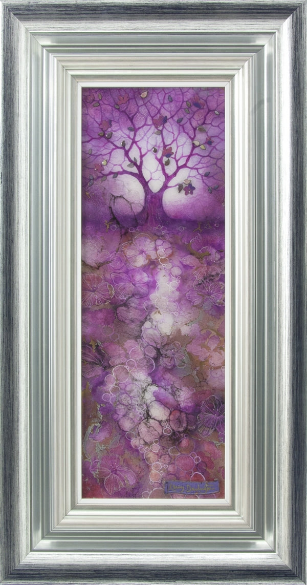 Plum Blossom mixed media artwork by Kerry Darlington in silver frame