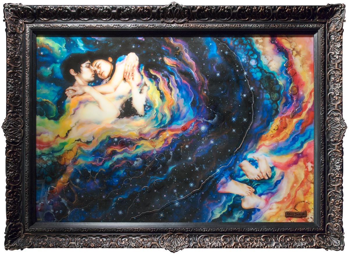 Romantic mixed media print Romeo and Juliet by Kerry Darlington in ornate black frame