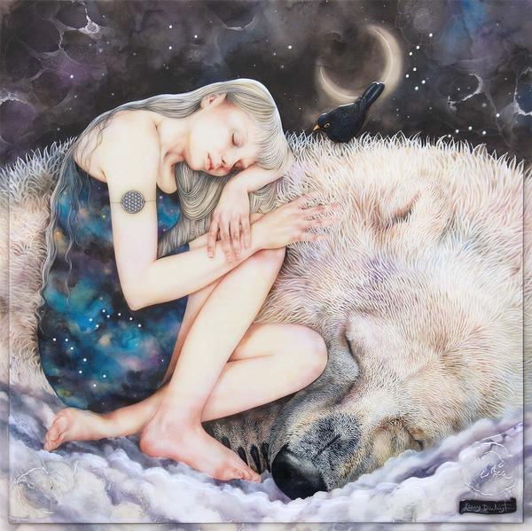 The Snow Queen limited edition print by Kerry Darlington featuring a girl sleeping beside a white bear under a starry sky