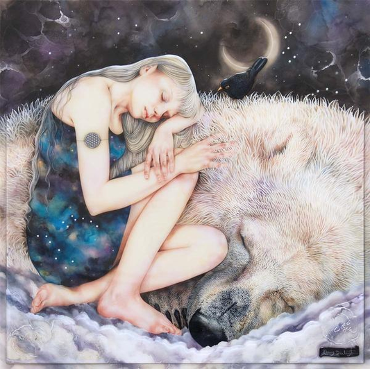 The Snow Queen limited edition print by Kerry Darlington featuring a girl sleeping beside a white bear under a starry sky