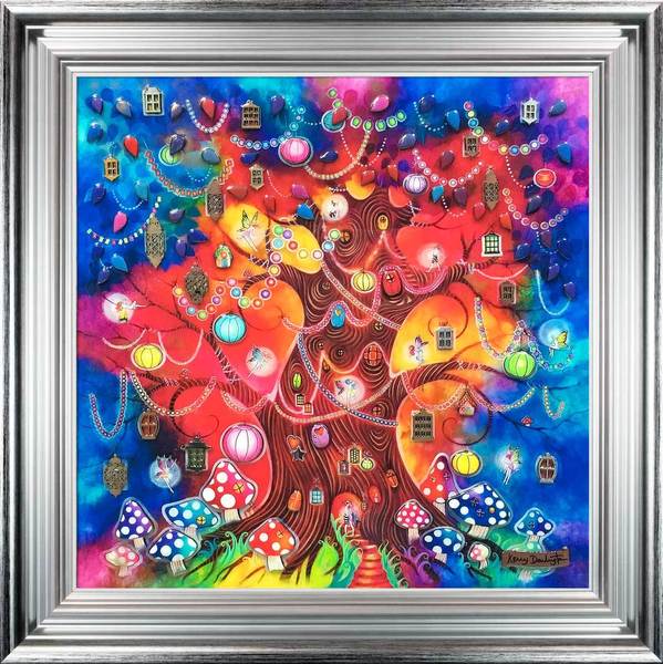 Tree of Light mixed media art print by Kerry Darlington with vibrant colors and whimsical details in a silver frame