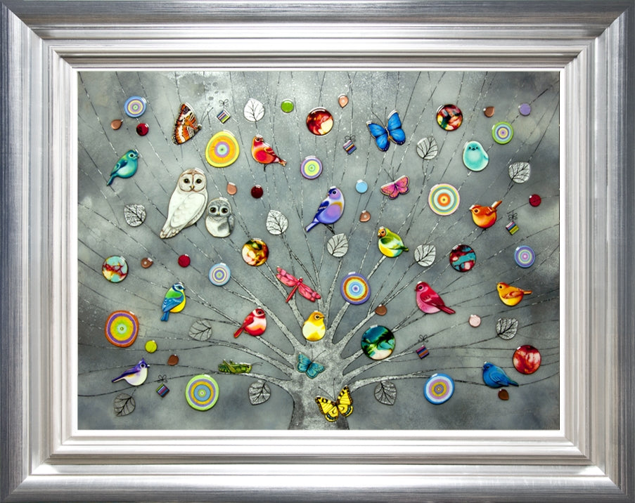 Tree Of Life Platinum mixed media print by Kerry Darlington with colorful birds and butterflies in a silver frame