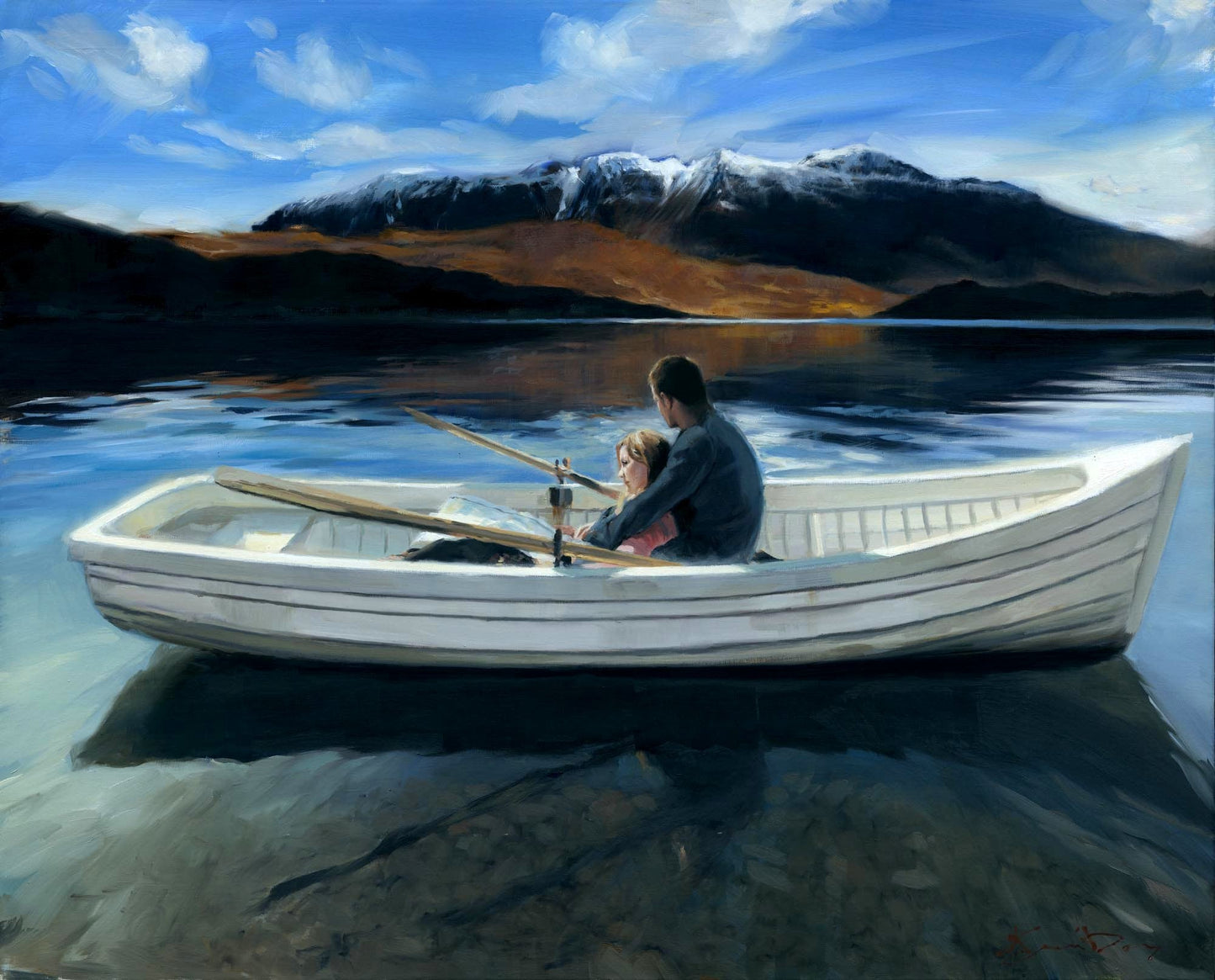 Somewhere To Go by Kevin Day depicts a man and child fishing in a white rowboat on a calm lake with mountains and blue sky in the background.