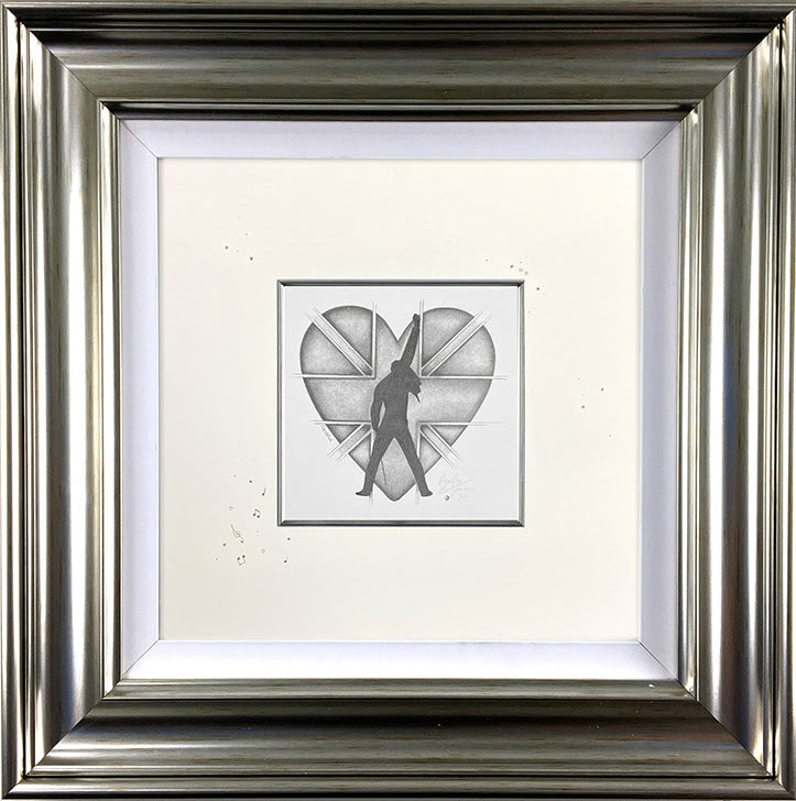 Freddie Mercury original pencil sketch by Kealey Farmer with hand-drawn mount details framed 25x25 inches