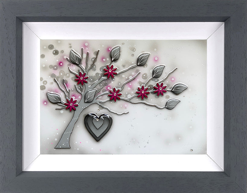 Original mixed media artwork by Kealey Farmer featuring a tree with pink flowers and hanging hearts in a grey frame
