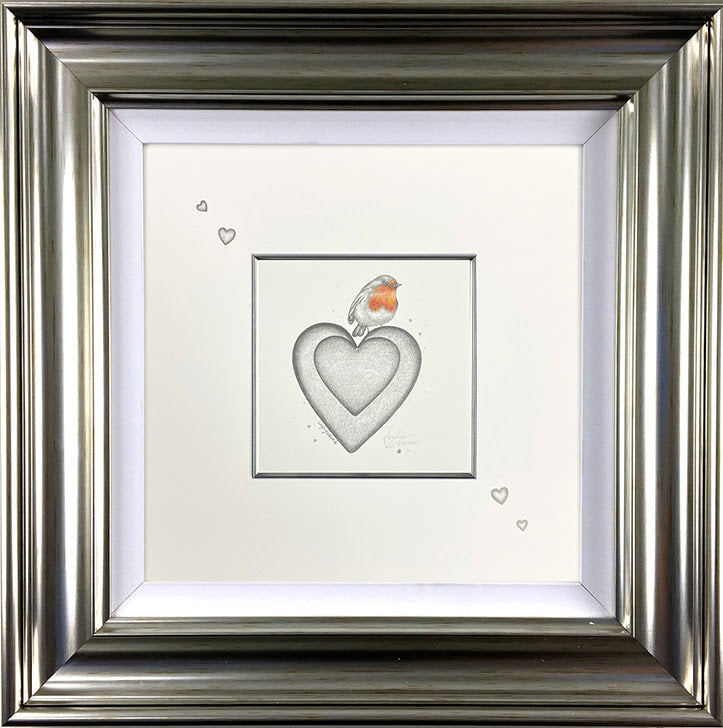 Framed original pencil sketch by Kealey Farmer featuring a bird on a heart with hand-drawn mount details