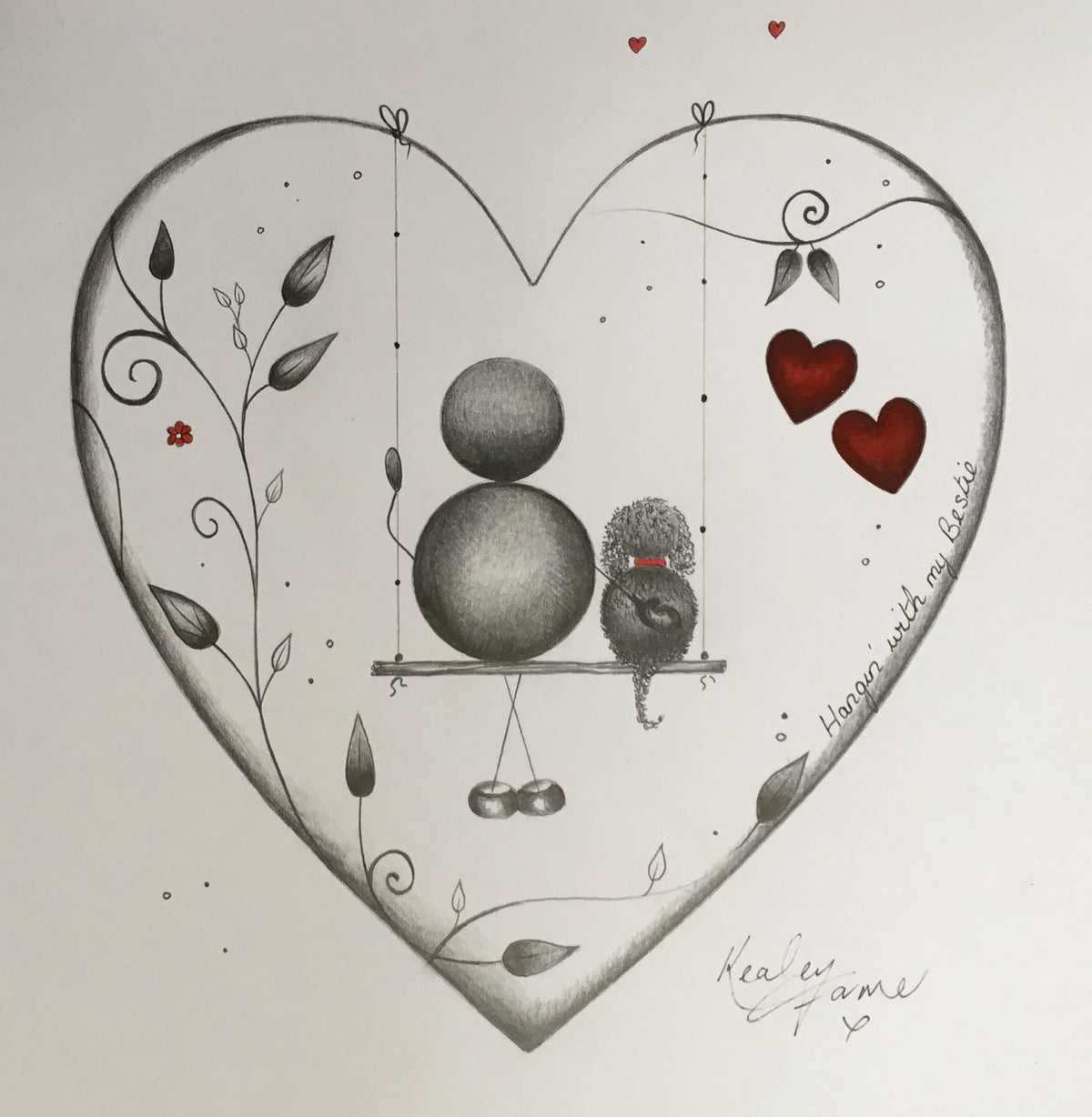 Hanging With My Bestie Original Sketch by Kealey Farmer, heart-shaped pencil art with red hearts and hanging creatures.