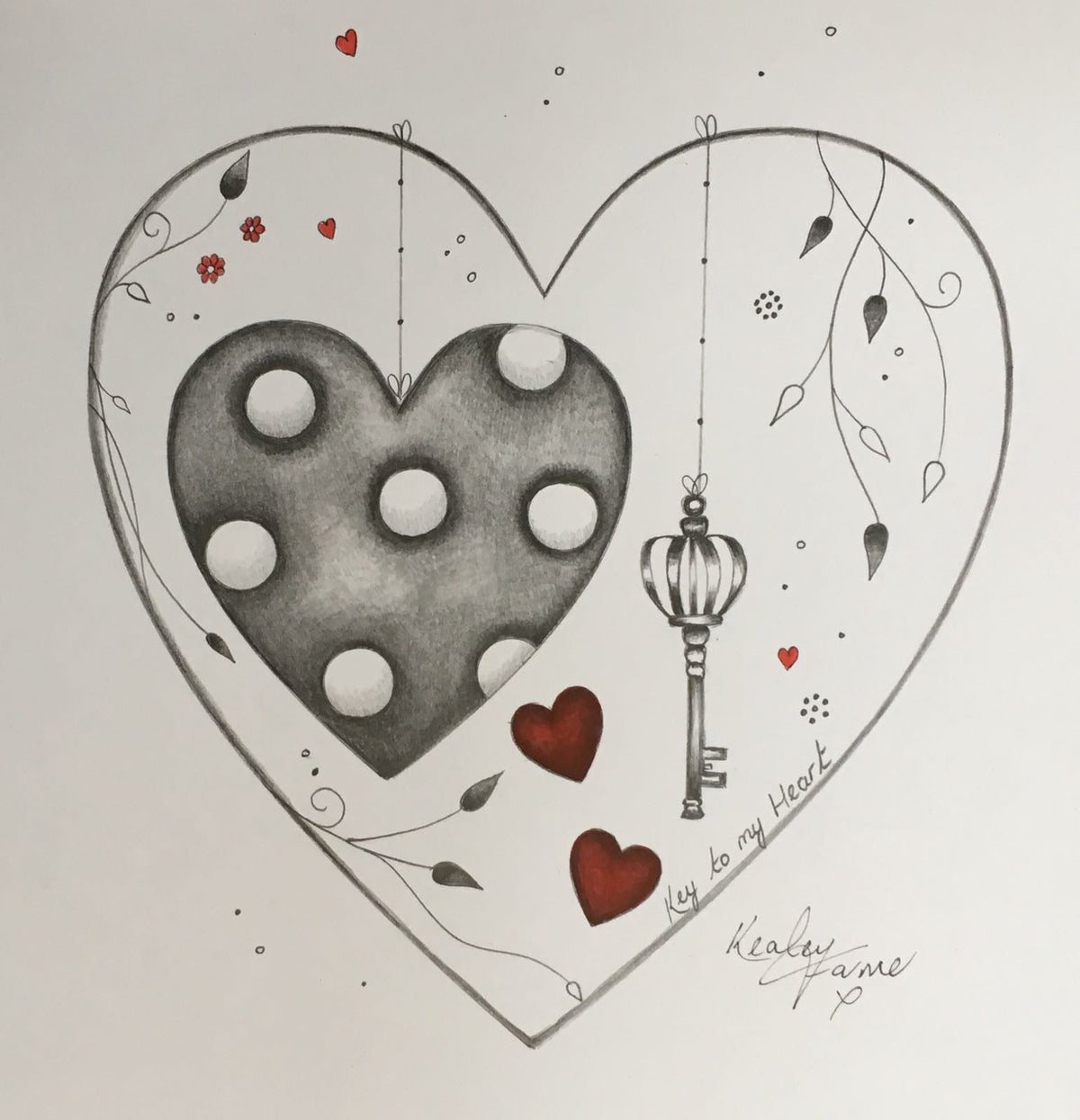 Pencil heart sketch, Key to My Heart Original Sketch by Kealey Farmer, with a spotted heart, hanging key and red accents.
