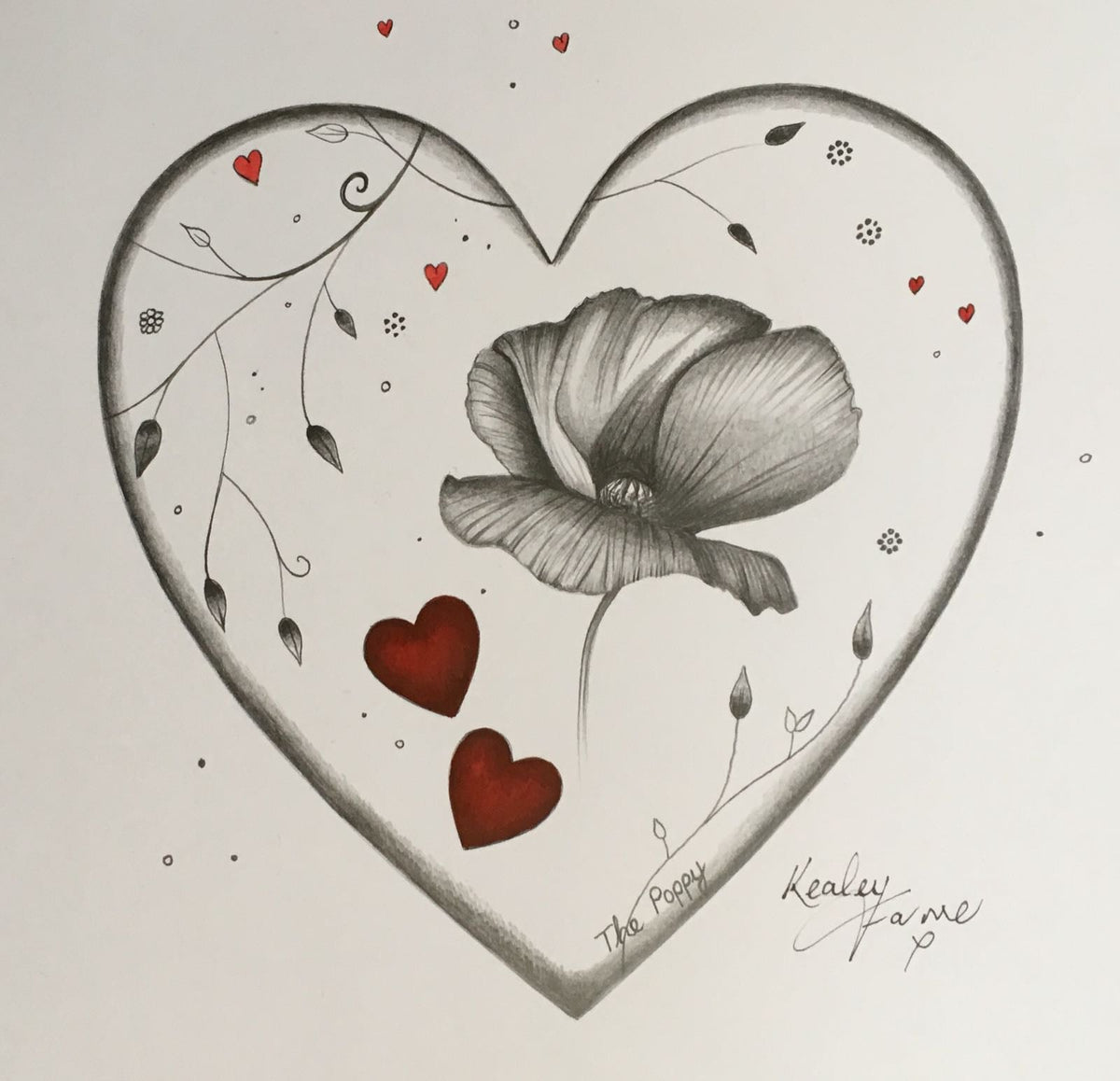 Original pencil sketch, The Poppy Original Sketch by Kealey Farmer, features a shaded poppy in a heart with red accents.
