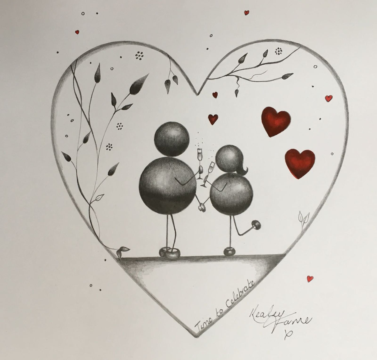 Time to Celebrate Original Sketch by Kealey Farmer, pencil artwork of two figures toasting inside a heart with red accents.