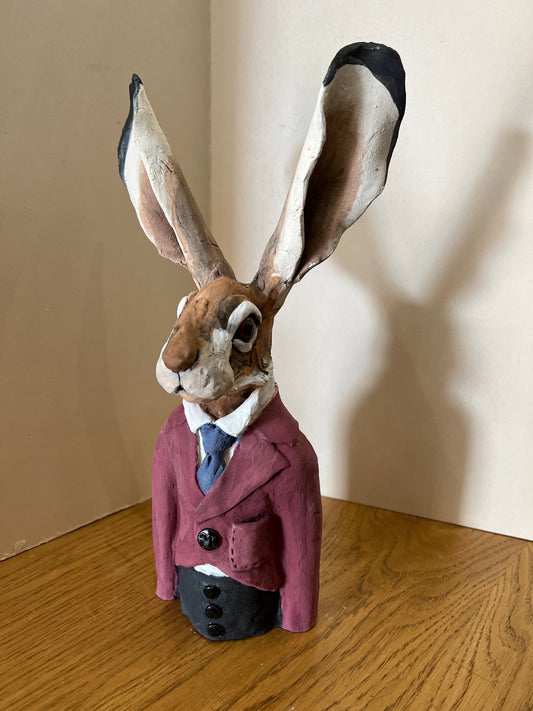 Louise Brown Hare Bust Purple Jacket Original Sculpture - The Acorn Gallery, Pocklington