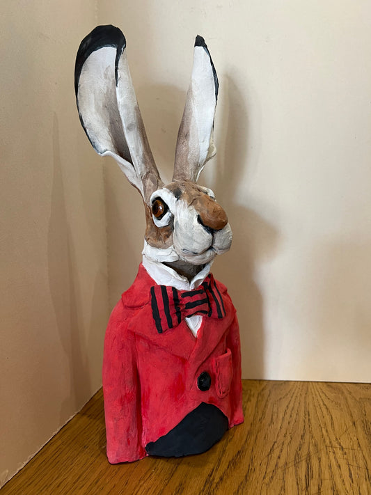 Louise Brown Hare Bust Red Jacket III Original Sculpture - The Acorn Gallery, Pocklington
