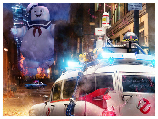 Limited edition hand embellished canvas by Mark Davies featuring Ghostbusters ECTO 1 and Stay Puft Marshmallow Man