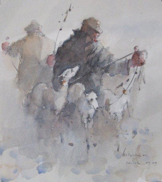 Watercolour painting Switch ORIGINAL by Lawrie Williamson depicting greyhound racing with muted tones and dynamic motion