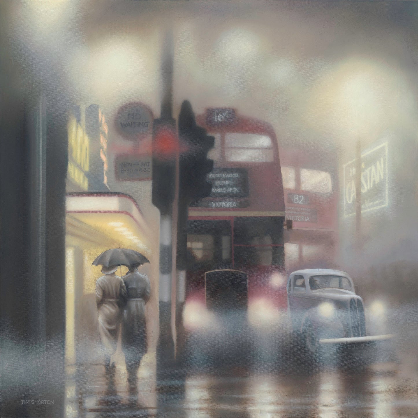 Limited edition giclee on canvas print "Lets Walk" by Tim Shorten featuring rainy street scene with vintage bus and car.
