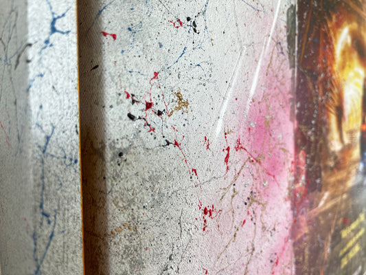 Close-up of original mixed media canvas artwork by Mark Davies titled Outatime Back To The Future featuring textured paint splatters and vibrant colors