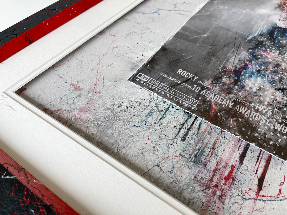 Close-up of hand signed Mark Davies limited edition framed giclee print titled Balboa Rocky with smoke and USA flag details