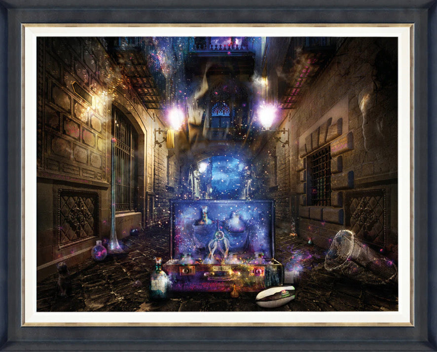 Dreamlike artwork of the BFG in a mysterious alley with glowing dream bottles by Mark Davies