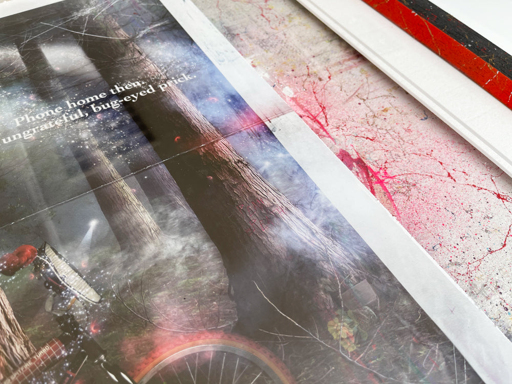Limited edition Mark Davies print "I'll Be Right Here ET -The Colourful Language Edition" featuring forest scene with glowing spaceship and bikes.