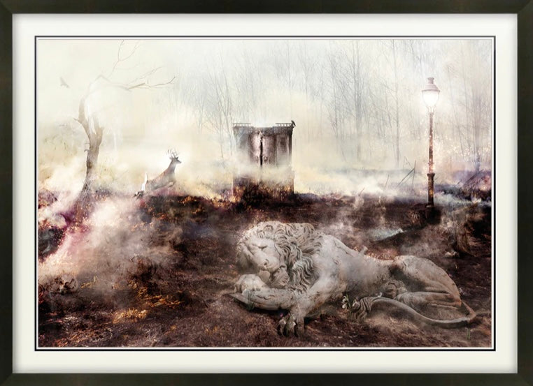Limited edition Mark Davies print depicting a wounded Aslan lion in a snowy forest clearing with Narnia elements including a wardrobe, lamppost, and a fleeing fawn.