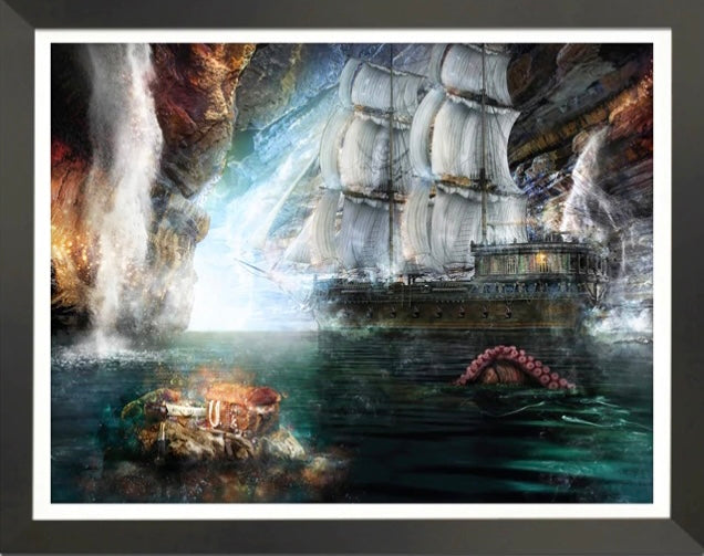 Limited edition print of a ship sailing out of a cave with waterfalls and an octopus, signed by artist Mark Davies