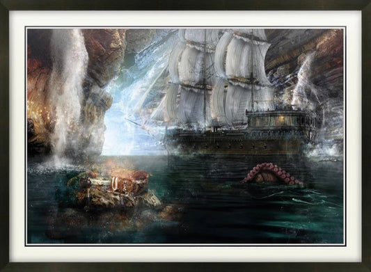 Limited edition print of Mark Davies artwork featuring a ship sailing from a cave with waterfalls and a giant octopus tentacle.
