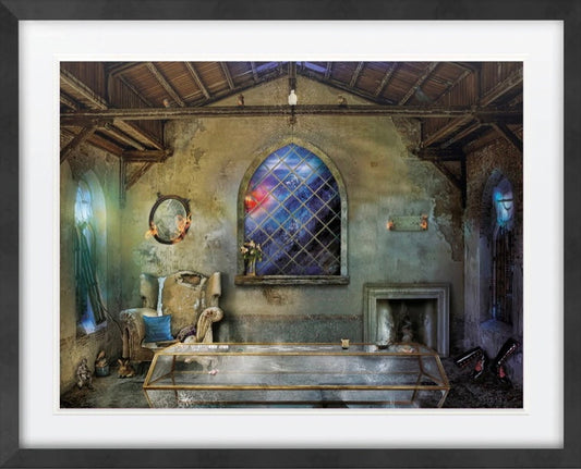 Limited edition framed giclee print "High Ho Snow White" by Mark Davies depicting a derelict church interior with worn armchair, stained glass window, and subtle storytelling details.