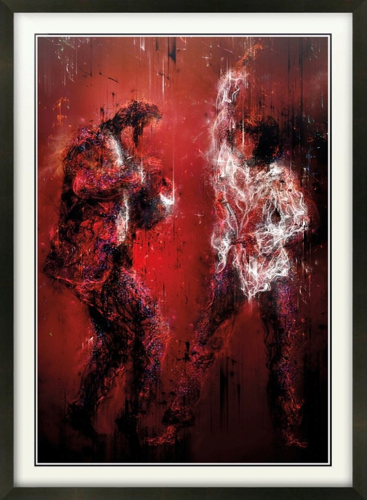 Abstract dance scene inspired by Pulp Fiction by Mark Davies featuring dynamic red and black tones and smoke-like figures