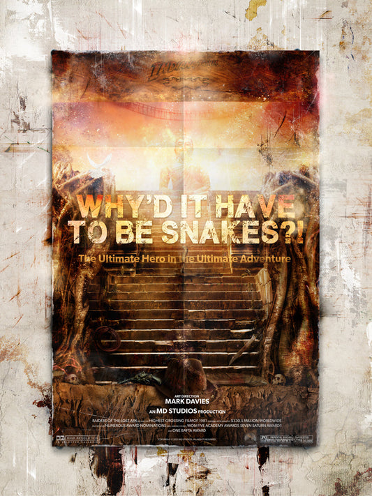 Limited edition Indiana Jones poster "Why Did It Have To Be Snakes?" by Mark Davies featuring temple staircase and iconic movie elements