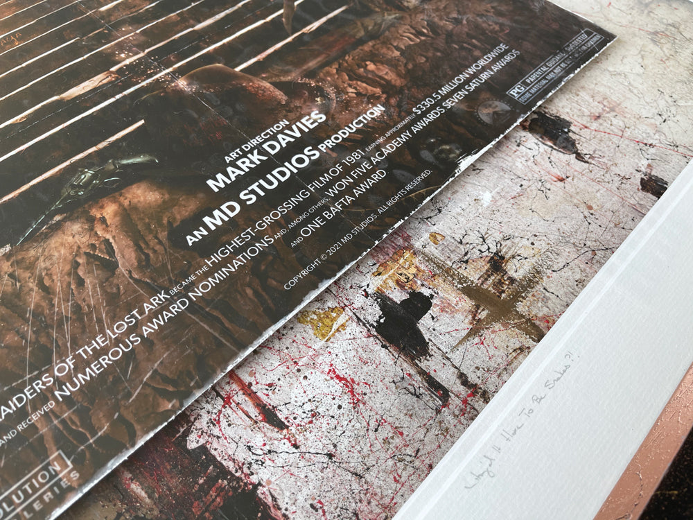 Close-up of Mark Davies signed Indiana Jones limited edition print with textured paper and edge details