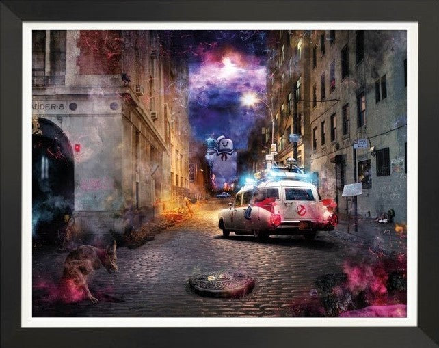 Hand embellished canvas print "Saving The Day" by Mark Davies featuring Ghostbusters Ecto-1 and Stay Puft Marshmallow Man in city street scene