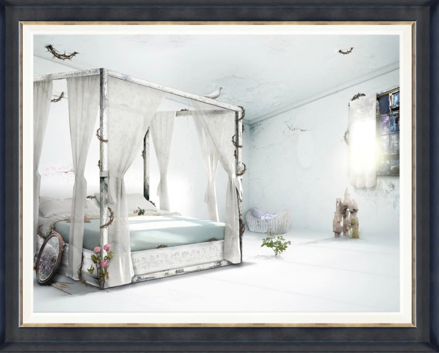 Mark Davies artwork Where Demons Roam Sleeping Beauty white room with canopy bed and symbolic thorns and roses