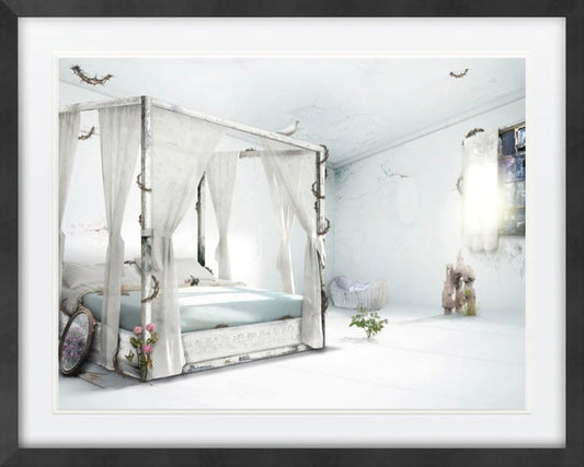 Where Demons Roam Sleeping Beauty artwork by Mark Davies showing a white four-poster bed with sheer curtains and symbolic thorn details in a bright room