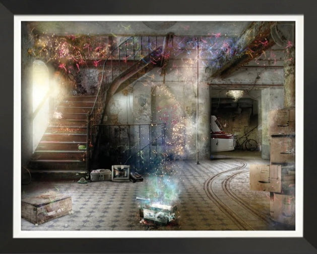 Mark Davies Ghostbusters artwork showing dilapidated Ghostbusters HQ with glowing ghost effects and Ecto-1 partly hidden behind a wall