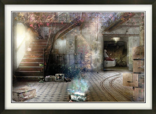 Mark Davies artwork showing neglected Ghostbusters HQ with ECTO 1 and glowing ghostly effects in a dimly lit abandoned interior